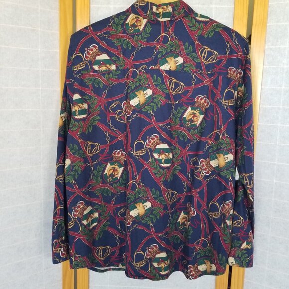 Vintage Equestrian Print Blouse Top Size 12 Long Sleeves Double Buttons - Picture 7 of 13